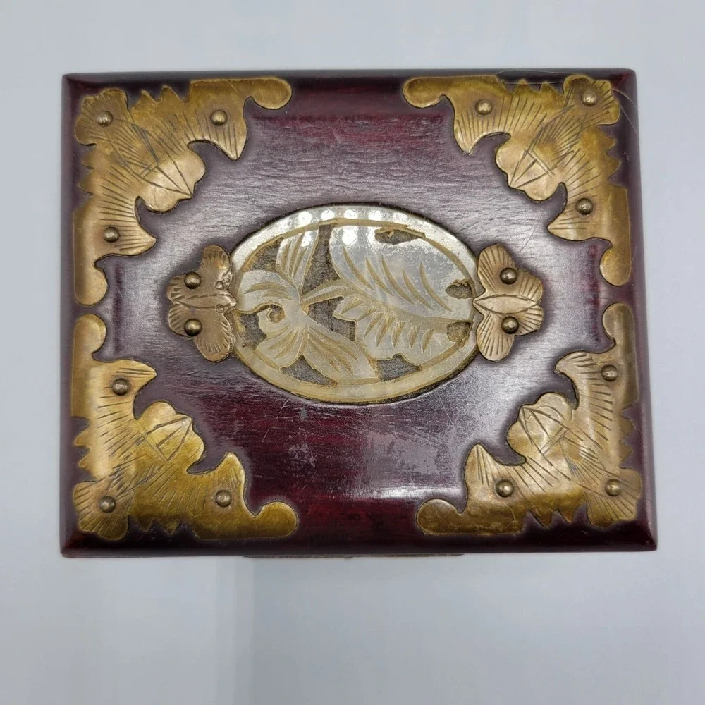 Vtg Chinese Wood Brass Carved White Jade Medallion Ornate Jewelry Box 4.25